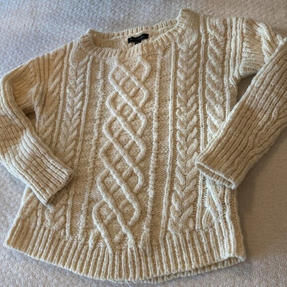 Wool Blend Cableknit Fisherman’s Sweater Cream Chunky Minimalist - Picture 1 of 6